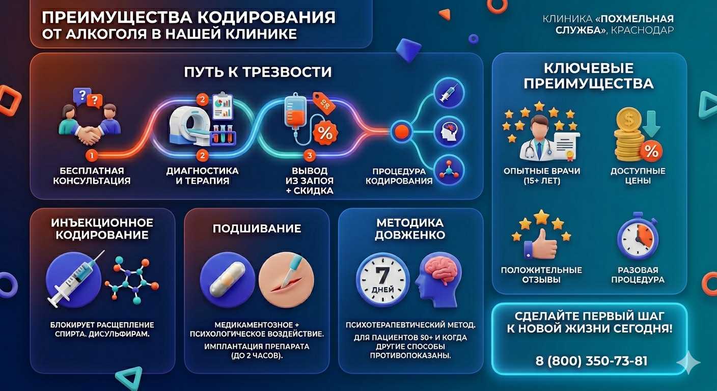 Инфографика о методах кодирования от алкоголя в Гуково: инъекции, подшивание, метод Довженко. Преимущества клиники и этапы лечения.