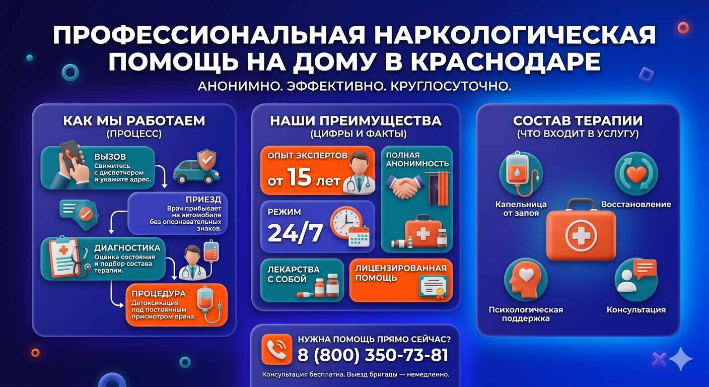 Инфографика о принципах лечения алкоголизма на дому в Гуково: этапы вызова нарколога, преимущества анонимной детоксикации и состав медицинской помощи.